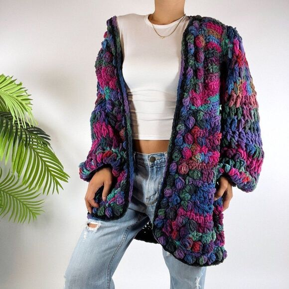 Vintage 80s Retro Chunky Knit Oversized Grandma Sweater Crochet Cardigan / Large - Picture 4 of 7